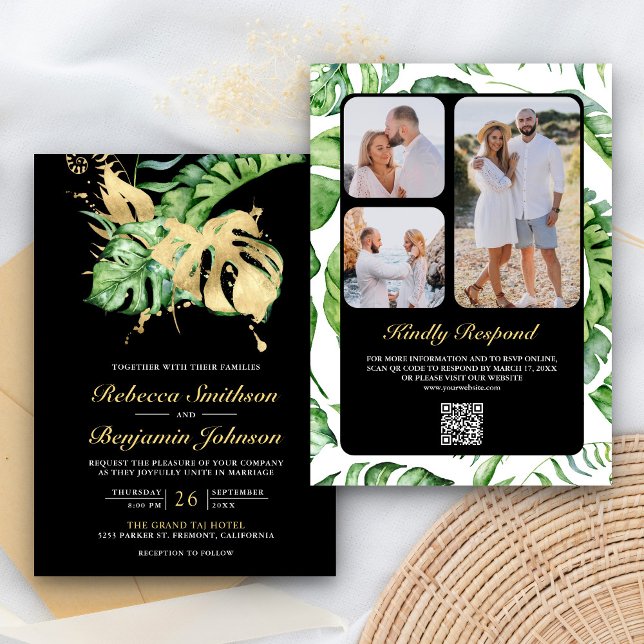 Gold Monstera Tropical Palm QR Code Black Wedding Einladung (Von Creator hochgeladen)
