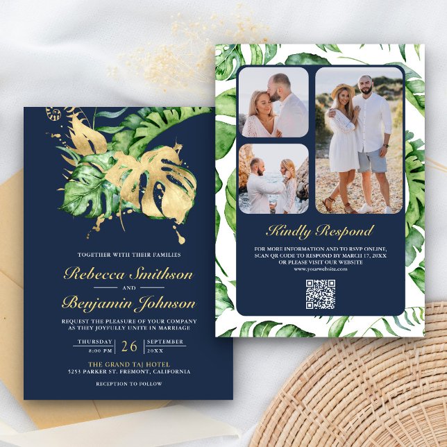 Gold Monstera Tropical Palm QR Code Hochzeit der M Einladung (Von Creator hochgeladen)