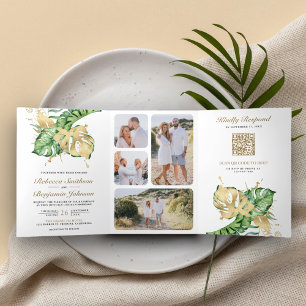 Gold Monstera Tropical Palm QR Code Hochzeit Dreifach Gefaltete Einladung