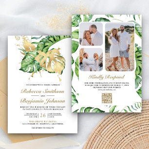 Gold Monstera Tropical Palm QR Code Hochzeit Einladung