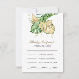 Gold Monstera Tropical Palm Wedding RSVP Karte