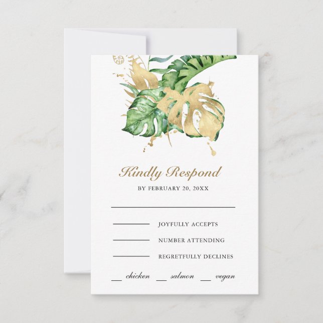 Gold Monstera Tropical Palm Wedding RSVP Karte (Vorderseite)