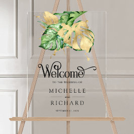 Gold Monstera Tropical Palm Wedding Welcome Acrylschild