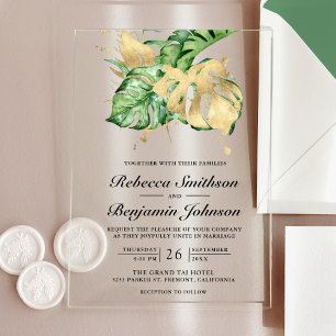 Gold Monstera Tropische Palm Hochzeit Acryleinladungen