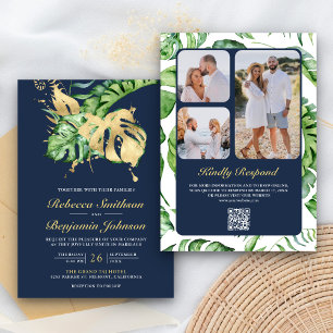 Gold Monstera Tropische Palme QR Code Navy Hochzei Einladung