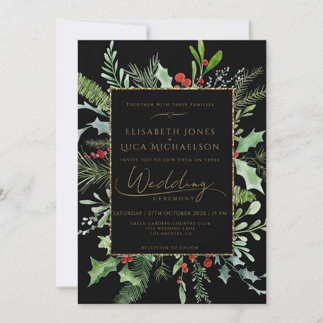 Gold Moody Winter Berry Botanical Monogram Wedding Einladung (Vorderseite)