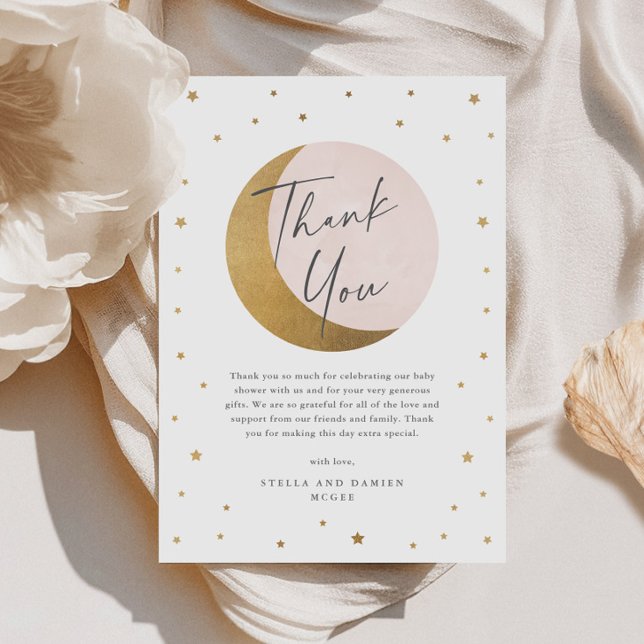 Gold Moon and Stars Pink Baby Dusche Vielen Dank Dankeskarte (Elegant Gold Moon and Stars Script Pink Baby Shower Thank You Card.)
