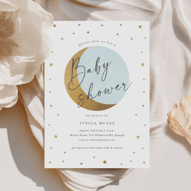 Gold Moon and Stars Script Boys Baby Dusche Einladung (Gold Moon and Stars Script Boys Baby Shower Invitations.)