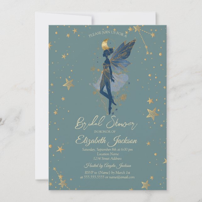 Gold Moon Girl Stars Green Bridal Shower Einladung (Vorderseite)