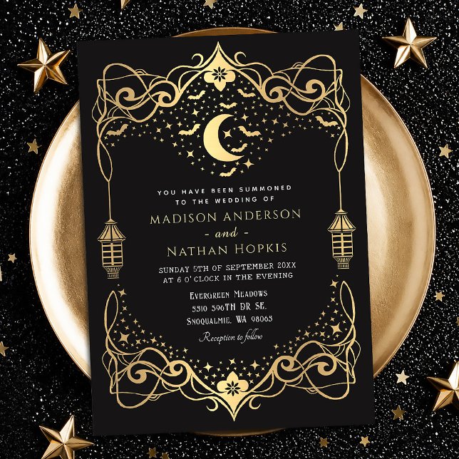 Gold Moon Gothic Bats Lantern Wedding Einladung (Von Creator hochgeladen)