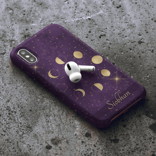 Gold Moon Phasing Lila Stars Personalisiert Case-Mate iPhone Hülle (Von Creator hochgeladen)