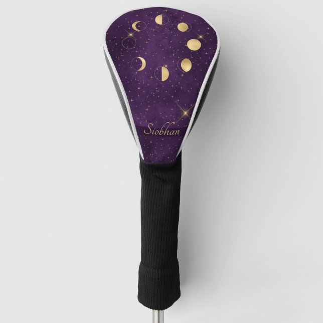 Gold Moon Phasing Lila Stars Personalisiert Golf Headcover (Vorderseite)