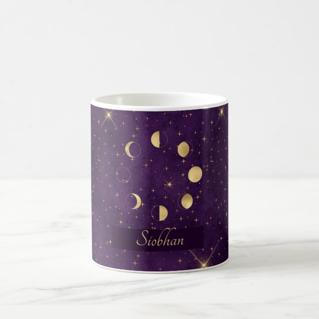 Gold Moon Phasing Lila Stars Personalisiert Kaffeetasse (Mittel)