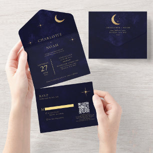 Gold-Moon-Stars für die Hochzeit - QR-Code All In One Einladung