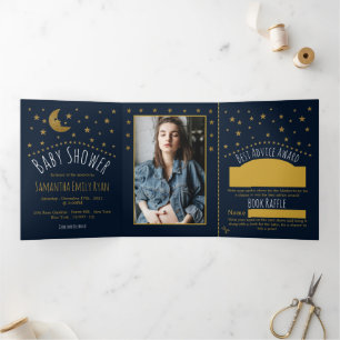 Gold Moon & Stars, Midnight Blue Baby Showsuite Dreifach Gefaltete Einladung