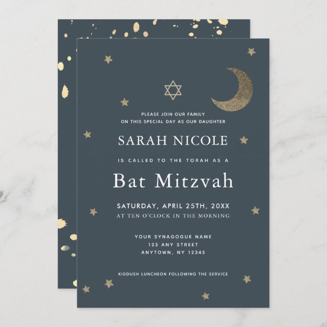 Gold Moon & Stars Navy Blue Bat Mitzvah Einladung (Vorne/Hinten)