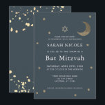 Gold Moon & Stars Navy Blue Bat Mitzvah Einladung<br><div class="desc">Dieses schlichte Bat Mitzvah lädt zum Mitternacht Blau / Marineblau ein,  mit dem Stern des Davids,  den Imitaten Gold Glitzer Halbmond und Sterne. Die Rückseite ist mit einem dunkelblauen/marineblauen Hintergrund mit Imitaten mit vergoldeten Spritzern versehen. Personalisieren Sie es für Ihre Bedürfnisse. In meinem Geschäft finden Sie passende Produkte.</div>