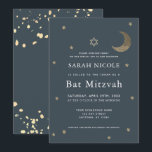 Gold Moon & Stars Navy Blue Bat Mitzvah Einladung<br><div class="desc">Dieses schlichte Bat Mitzvah lädt zum Mitternacht Blau / Marineblau ein,  mit dem Stern des Davids,  den Imitaten Gold Glitzer Halbmond und Sterne. Die Rückseite ist mit einem dunkelblauen/marineblauen Hintergrund mit Imitaten mit vergoldeten Spritzern versehen. Personalisieren Sie es für Ihre Bedürfnisse. In meinem Geschäft finden Sie passende Produkte.</div>