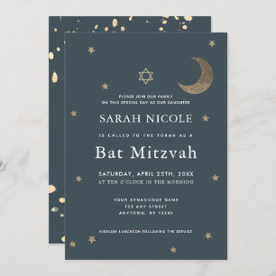 Gold Moon & Stars Navy Blue Bat Mitzvah Einladung