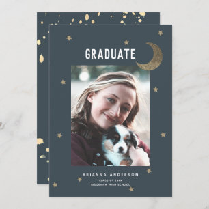 Gold Moon & Stars Navy Blue Graduation Party Einladung