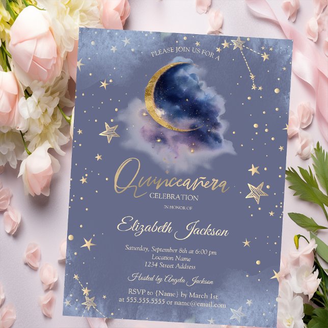 Gold Moon Stars Starry Night Quinceanera Einladung (Von Creator hochgeladen)