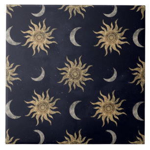 Gold Moon Sun Mandala Blue Night Sky Pattern Fliese