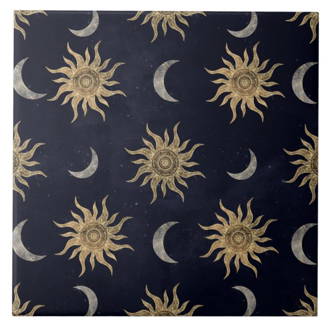 Gold Moon Sun Mandala Blue Night Sky Pattern Fliese (Vorderseite)