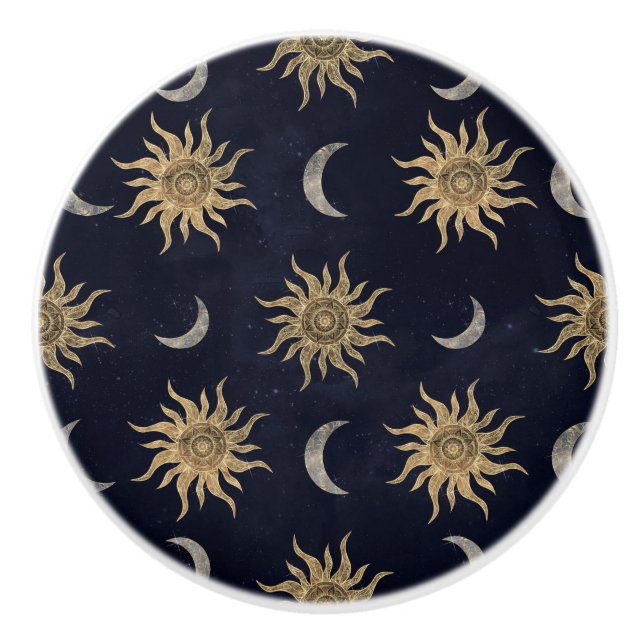 Gold Moon Sun Mandala Blue Night Sky Pattern Keramikknauf (Vorderseite)