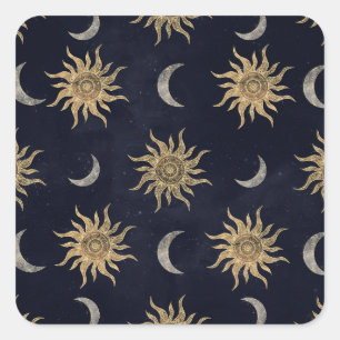 Gold Moon Sun Mandala Blue Night Sky Pattern Quadratischer Aufkleber