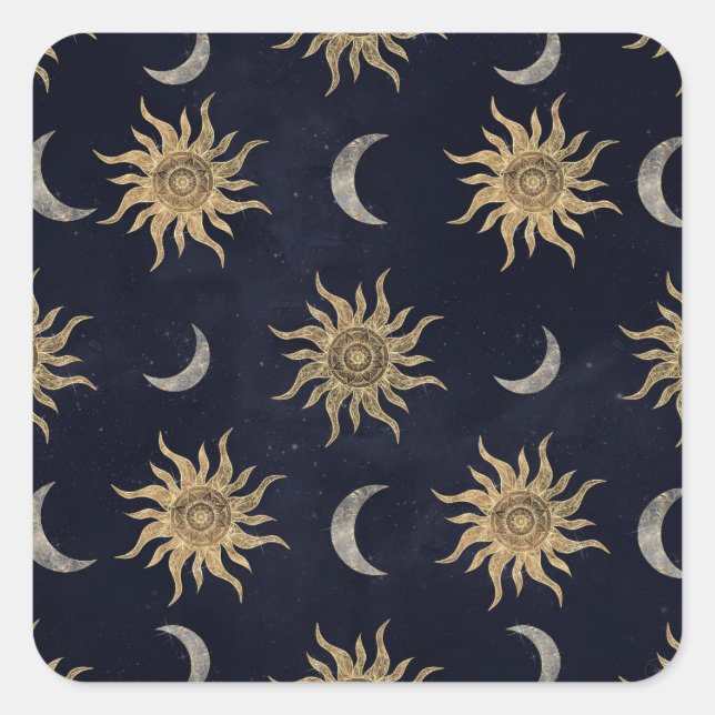 Gold Moon Sun Mandala Blue Night Sky Pattern Quadratischer Aufkleber (Vorderseite)