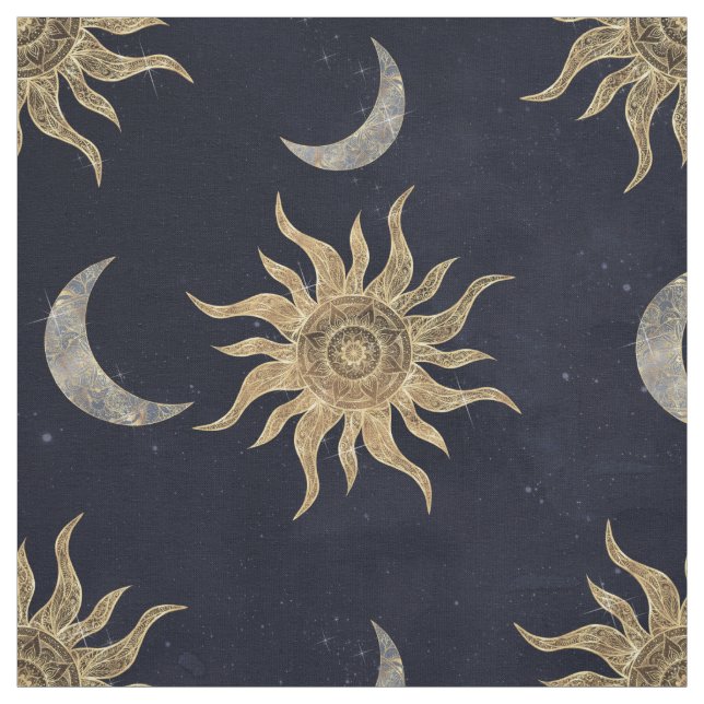 Gold Moon Sun Mandala Blue Night Sky Pattern Stoff (Muster)
