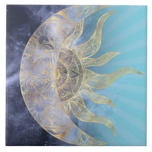 Gold Moon Sun Mandala Celestial Design Fliese
