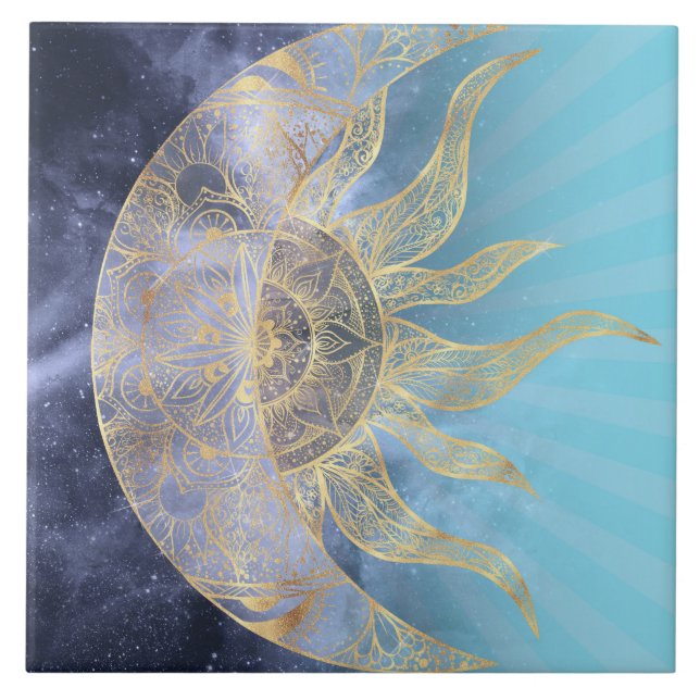 Gold Moon Sun Mandala Celestial Design Fliese (Vorderseite)