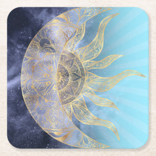 Gold Moon Sun Mandala Celestial Design Rechteckiger Pappuntersetzer