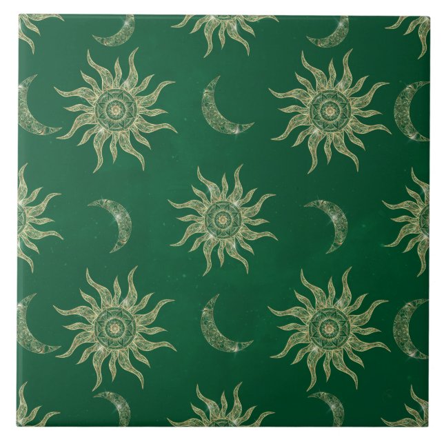 Gold Moon Sun Mandala Green Pattern Fliese (Vorderseite)