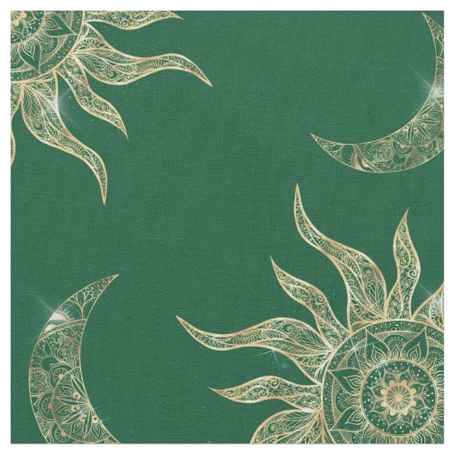 Gold Moon Sun Mandala Green Pattern Stoff (Nahaufnahme)