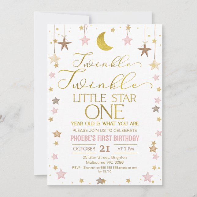 Gold Moon Twinkle Little Star 1. Geburtstag Einladung (Vorderseite)