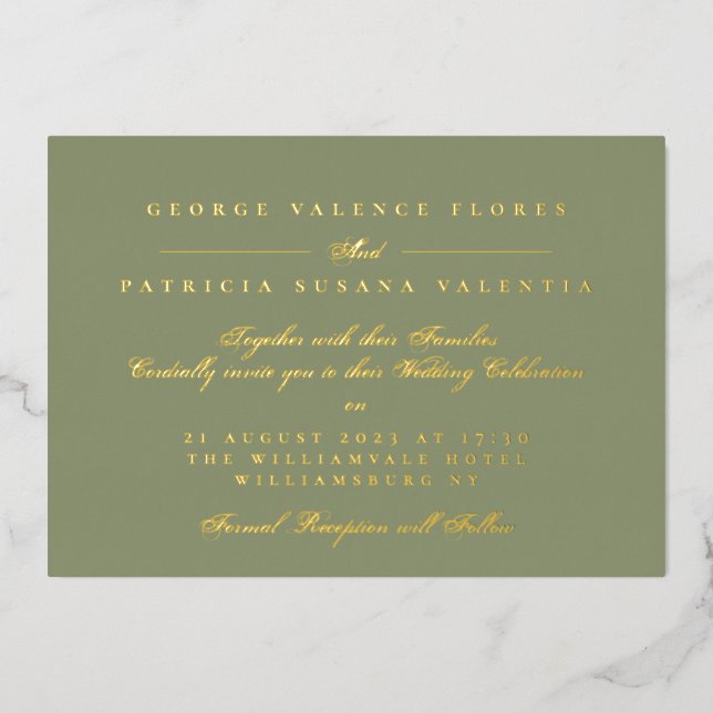 Gold Moss Green Formal Calligraphy Elegant Folieneinladung (Vorderseite)