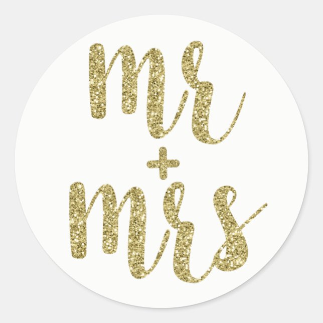 Gold Mr. & Mrs. Sticker, Glitzer, rund Runder Aufkleber (Vorderseite)