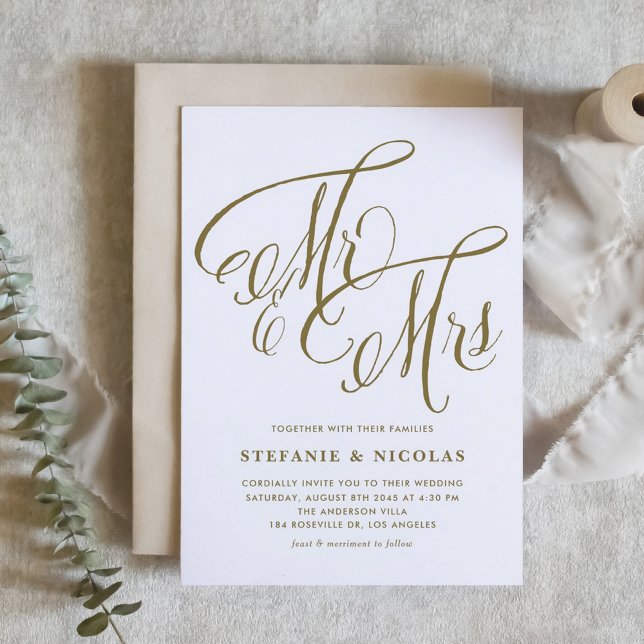 Gold Mr. und Mrs. Rustic Calligraphy Wedding Einladung (Gold Mr. and Mrs. Rustic Calligraphy Wedding Invitation)