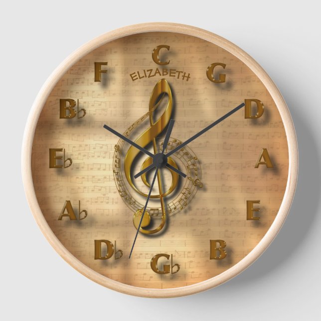 Gold Music Treble Clef Uhr mit Fünftelzirkel (Vorderseite)