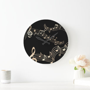 Gold-Musiknoten auf schwarzem Medium Große Wanduhr