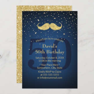 Gold Mustache Navy Blue 50. Geburtstagsparty Einladung