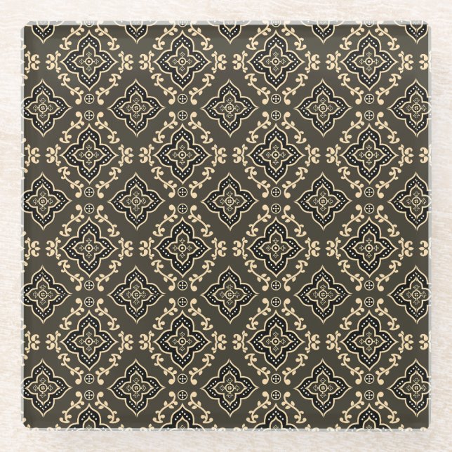 Gold n Brown Geometric Pattern / Indische Printwer Glasuntersetzer (Vorderseite)