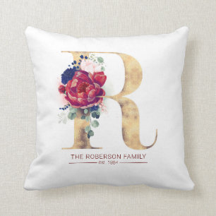 Gold N Monogram Floral Burgund Red and Navy Blue Kissen