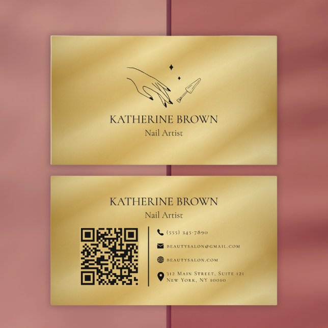 Gold Nail Artist QR Code for Professionals Visitenkarte (Elegant Gold Nail Artist Business Card with QR Code for Professionals)