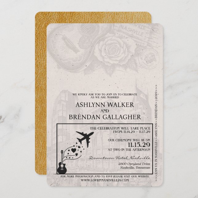 Gold Nashville Passport Hochzeitseinladung Einladung (Vorne/Hinten)