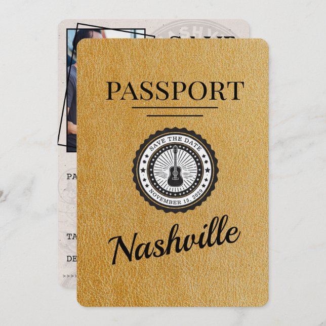Gold Nashville Passport Save the Date (Vorne/Hinten)