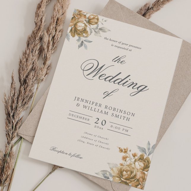 Gold Natural Rustic Floral Elegant Script Wedding  Einladung (Gold Natural Rustic Floral Elegant Script Wedding Invitation)