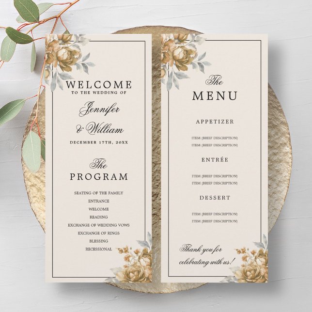 Gold Natural Rustic Floral Wedding Program Menu Einladung (Gold Natural Rustic Floral Wedding Program Menu)